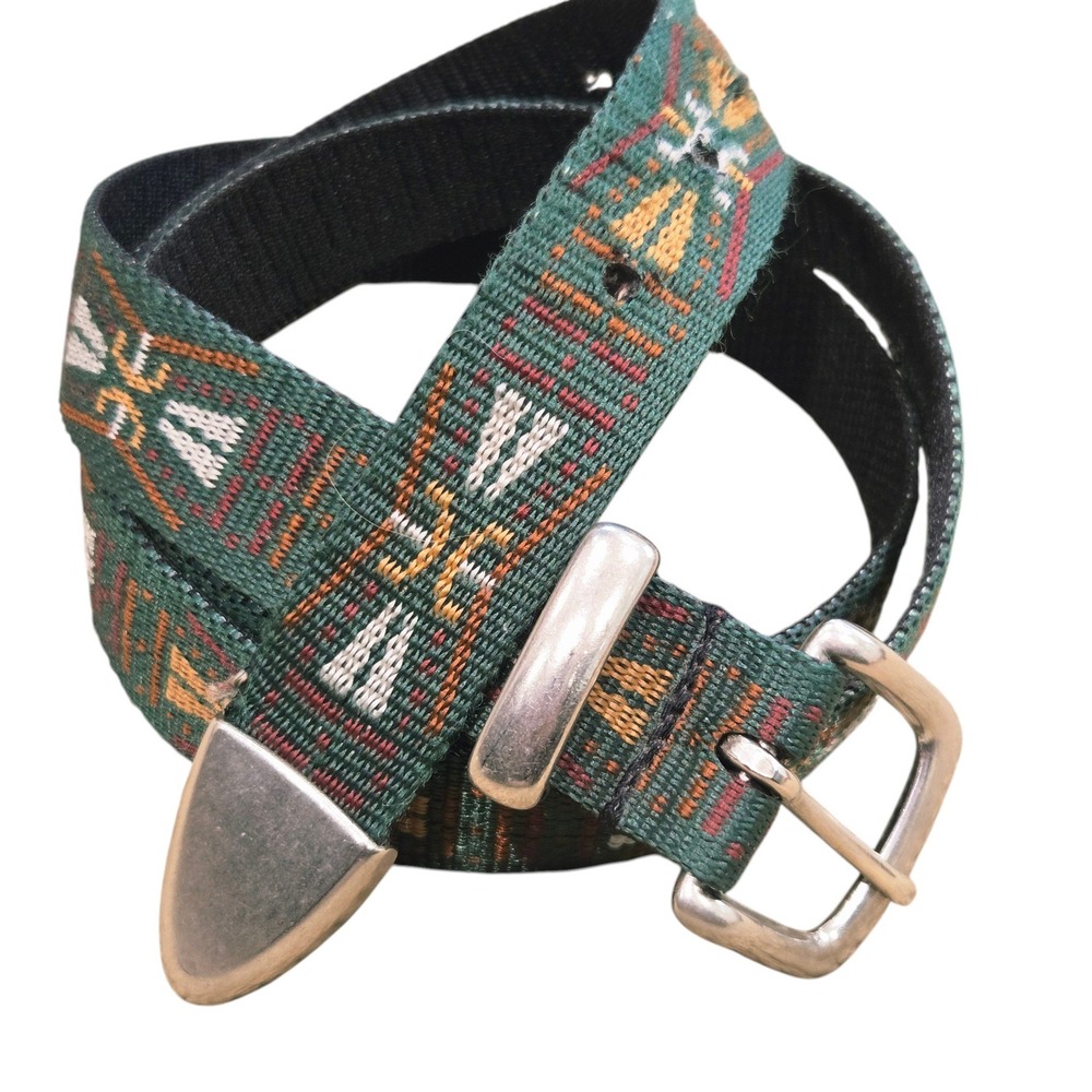 Croakies Belt Mens 47" Green Southwestern Woven Web Metal Tip Buckle Southwest